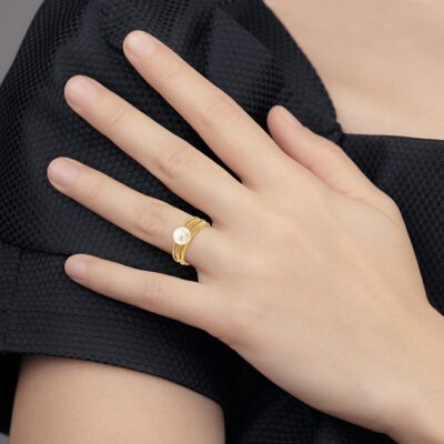14K 7-8mm Round White Freshwater Cultured Pearl Brushed Ring - Image 5