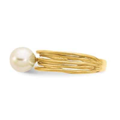 14K 7-8mm Round White Freshwater Cultured Pearl Brushed Ring - Image 4