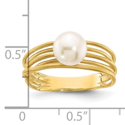 14K 7-8mm Round White Freshwater Cultured Pearl Brushed Ring - Image 3