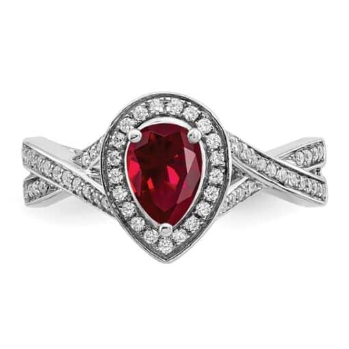 14k White Gold Pear Created Ruby and Diamond Halo Ring - Image 6