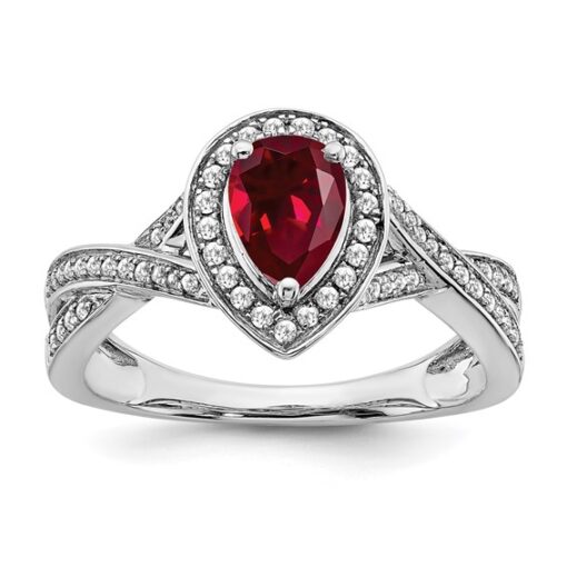 14k White Gold Pear Created Ruby and Diamond Halo Ring