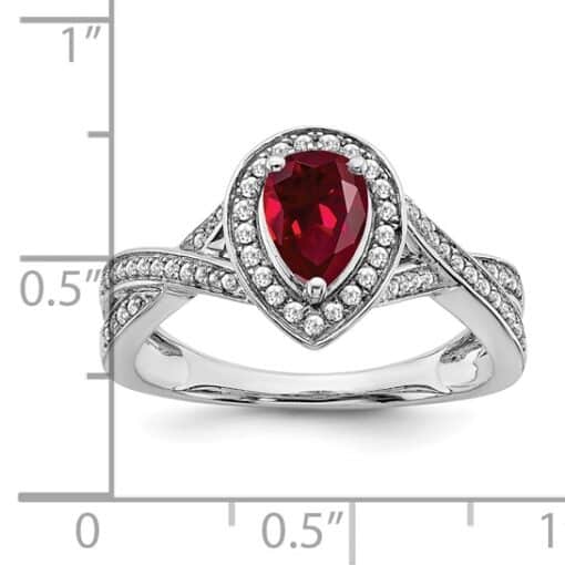 14k White Gold Pear Created Ruby and Diamond Halo Ring - Image 4